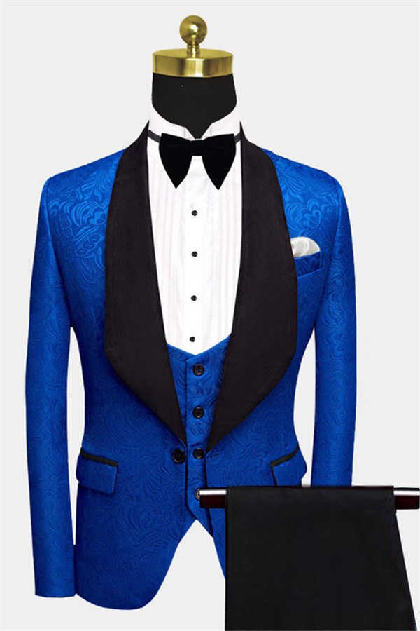 Look Your Best in a Royal Blue Floral Jacquard Slim Fit Wedding Tuxedo