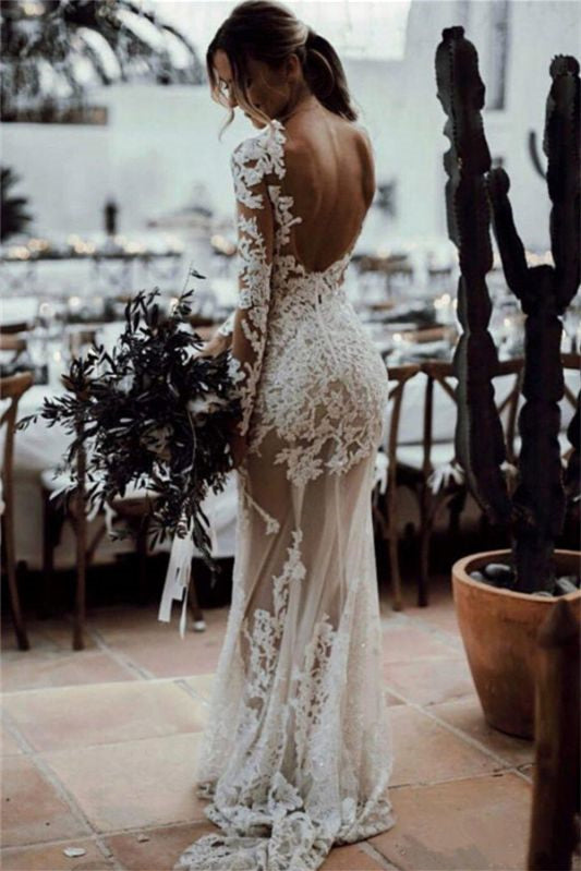 Gorgeous Tulle Lace Appliques Wedding Dress with Column Long Sleeves and Backless Mermaid Style