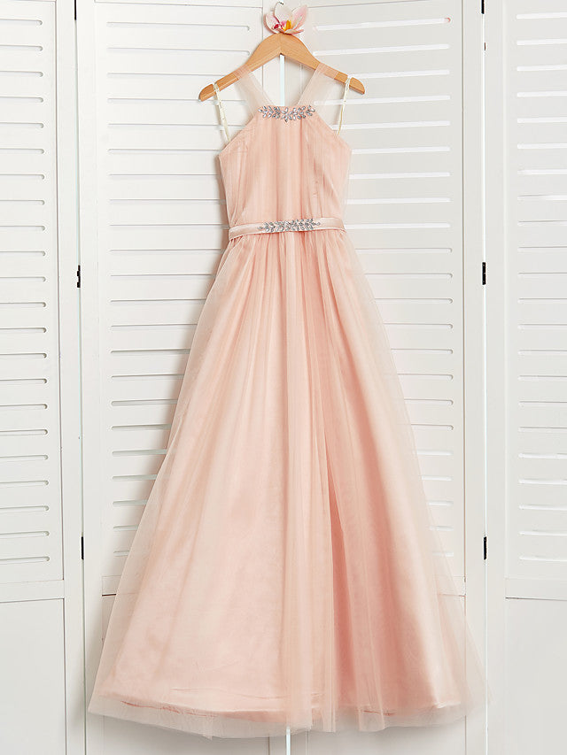 A-Line Halter Neck Maxi Tulle Bridesmaid Dress with Sash Ribbon Beading for Weddings