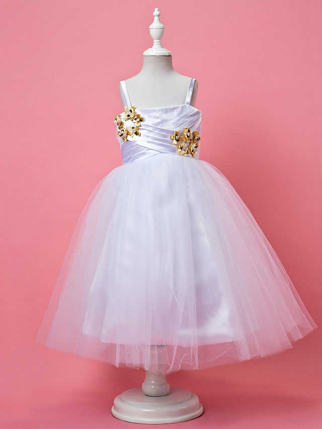 A-Line Tea Length Sleeveless Spaghetti Strap Flower Girl Dress Tulle Satin With Criss Cross