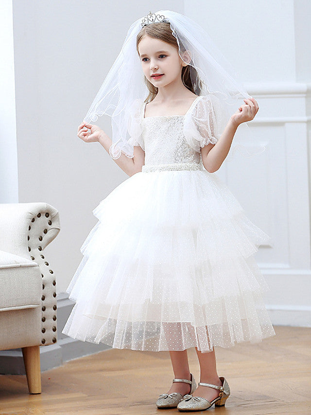 Short Sleeve Square Neck Ball Gown With Cascading Ruffles - Flower Girl Dress Tulle