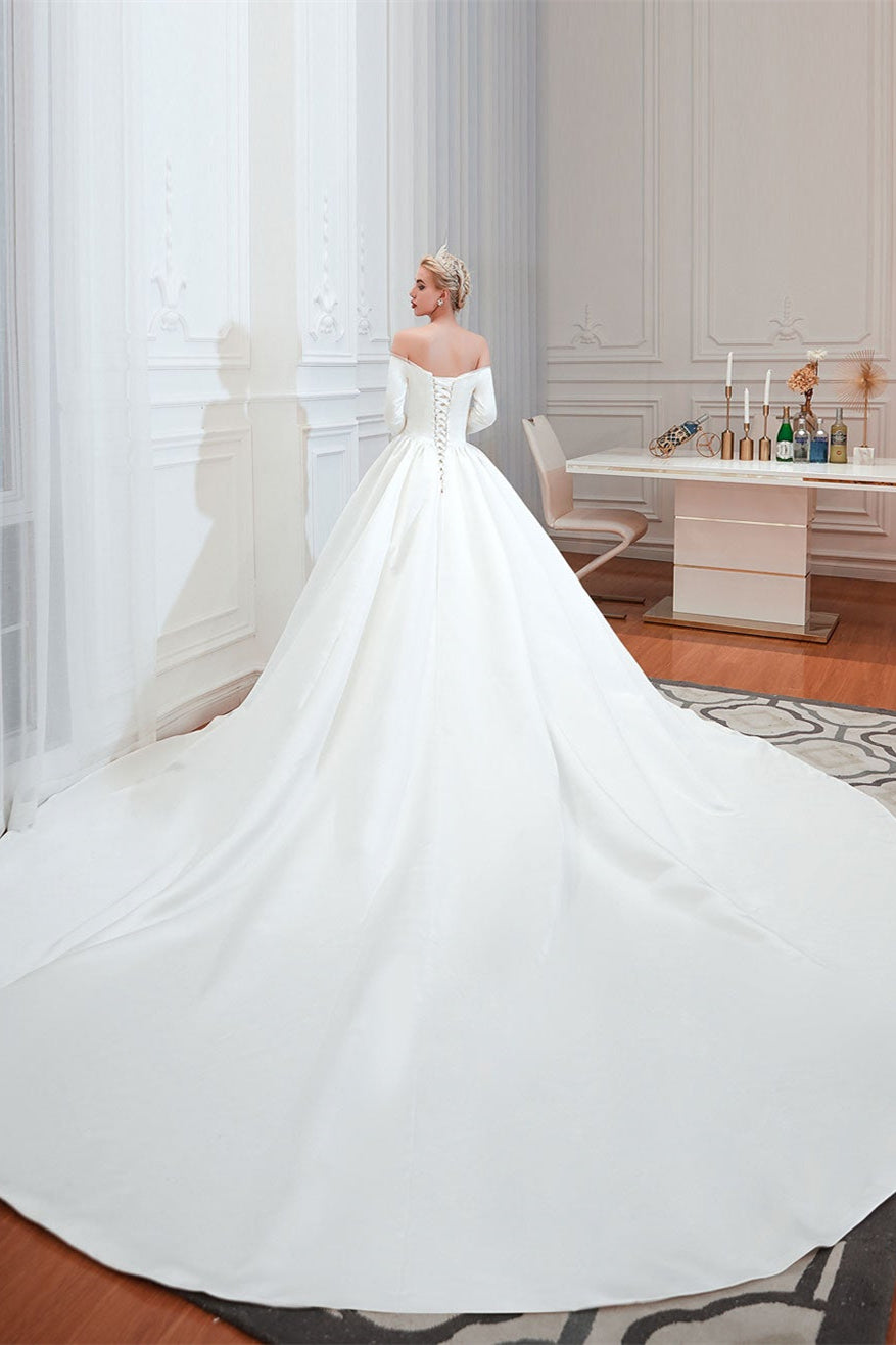 Half-Sleeves Satin Off-the-Shoulder Wedding Dress