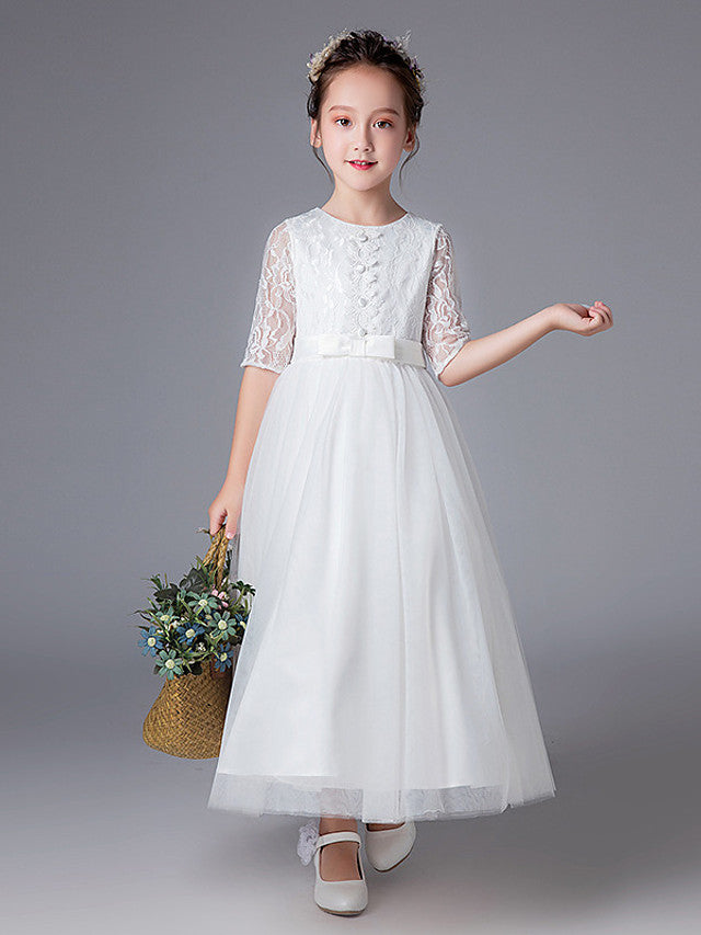 Half Sleeve Jewel Neck Flower Girl Dresses with Lace for Princesses