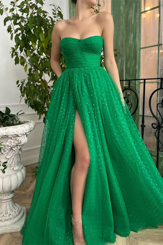 Elegant Green Sweetheart Split Prom Dress with Tulle Sleeves