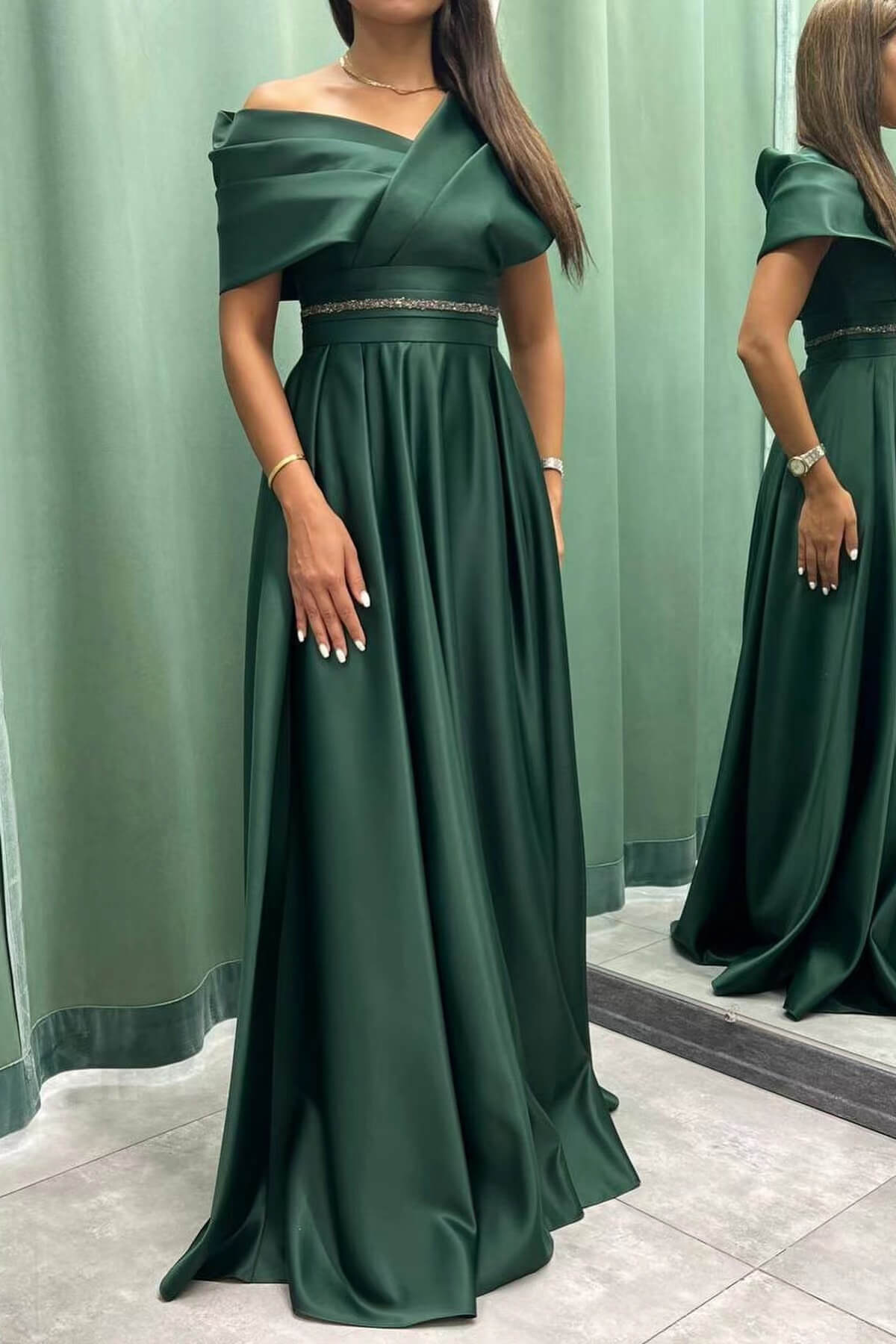 Elegant Off-The-Shoulder Pleated Long Evening Dress