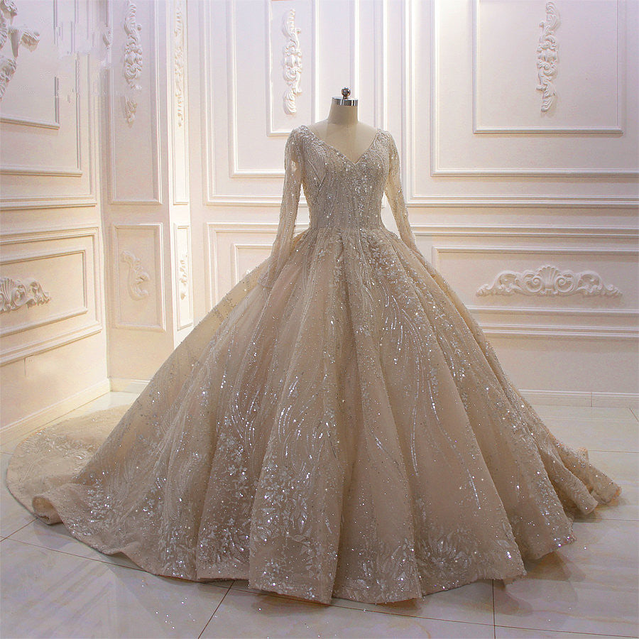 Glamorous Long Sleeves V-neck Ball Gown Wedding Dress With Sequins Beading Ruffles