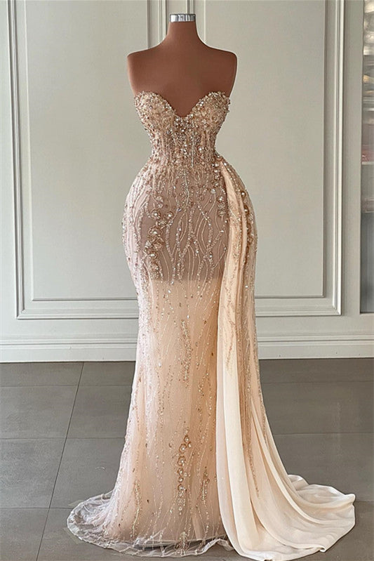 Elegant Sweetheart Mermaid Evening Dress with Ruffles and Beadings - Champagne