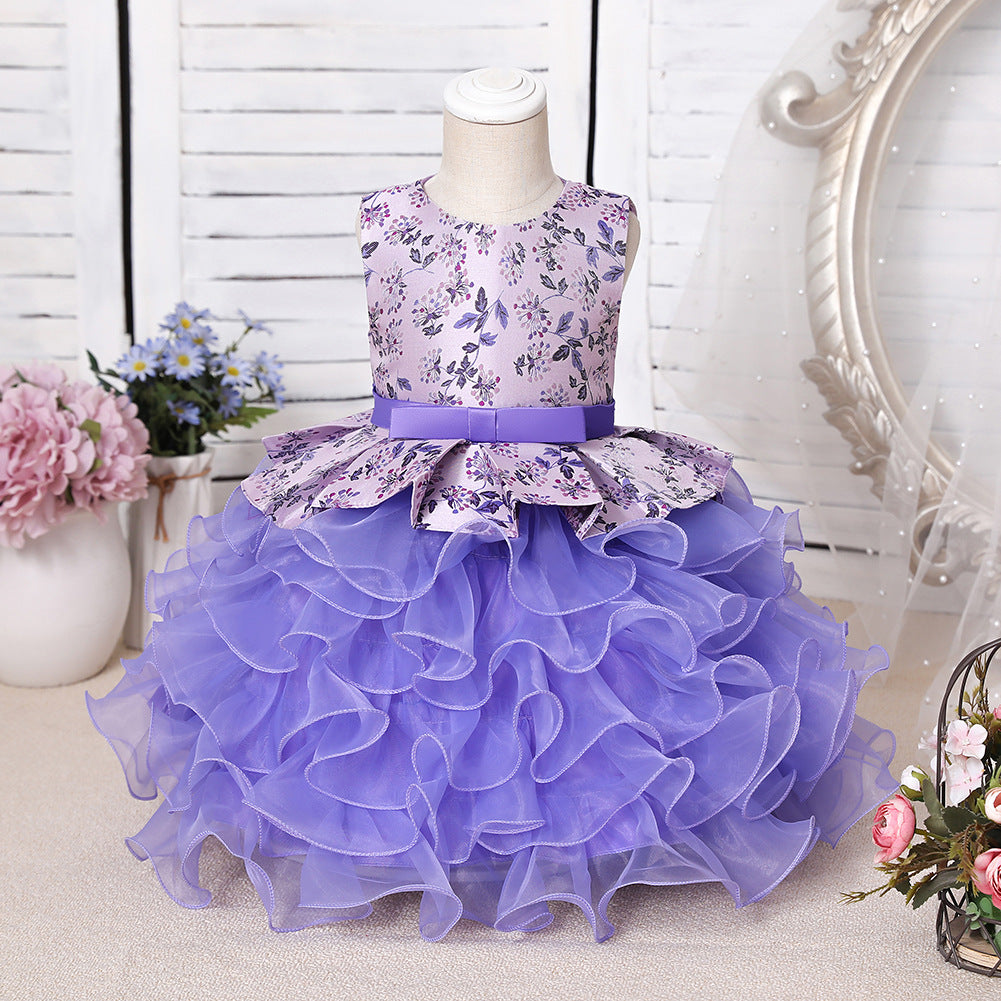 Purple Jewel Sleeveless Floor Length Flower Girl Dress with Ruffles Print