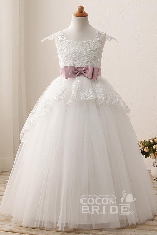 White Square Neck Lace Flower Girls Dress with Cap Sleeves Ball Gown