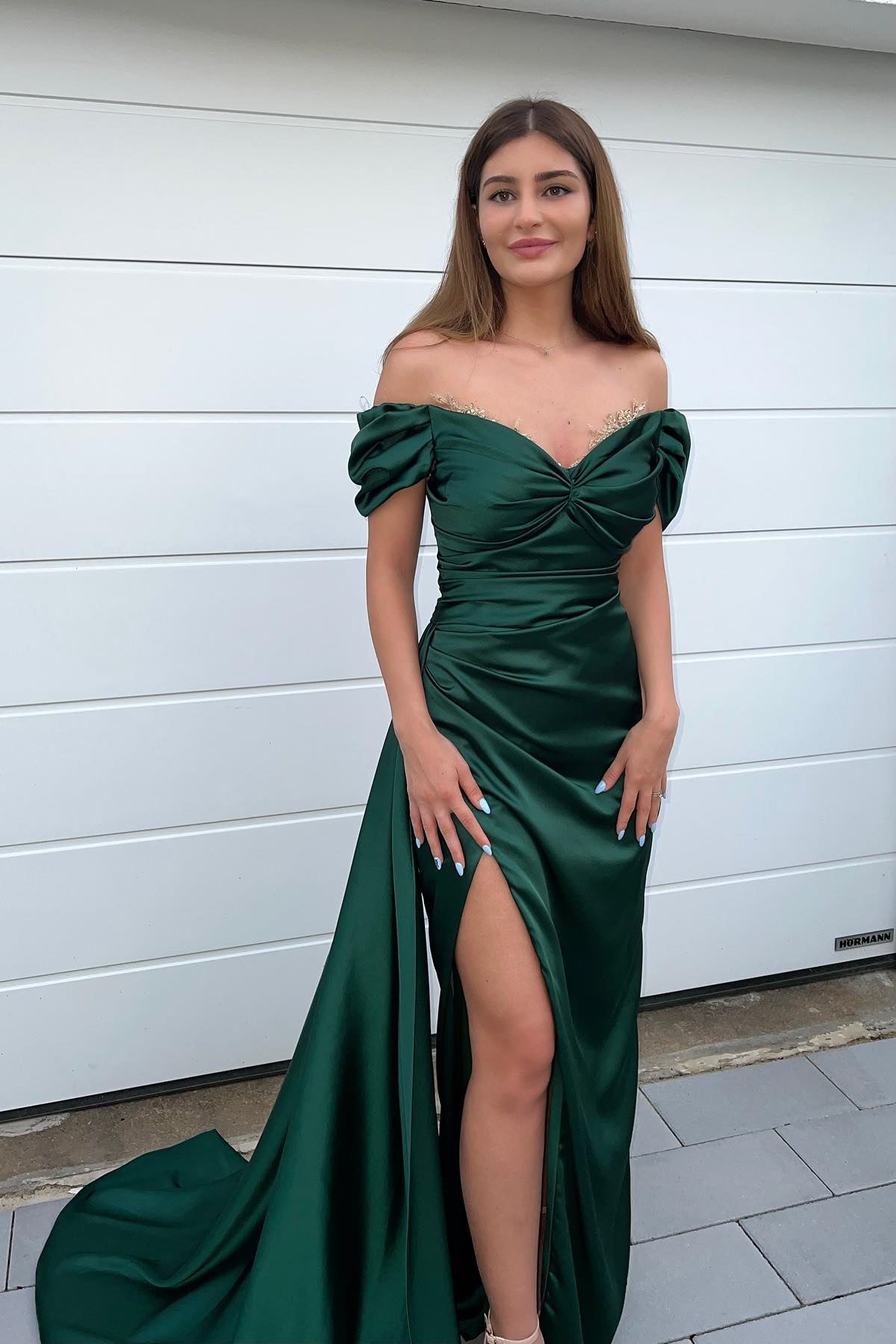 Mermaid Off-The-Shoulder Beadings Prom Dress with Front Split Sweetheart Dark Green