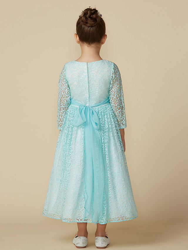 Lace 3/4 Length Sleeve A-Line Tea Length Party Dress with Sash Ribbon & Crystal Brooch