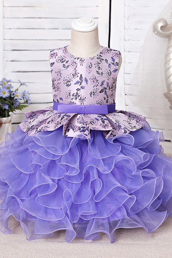 Purple Jewel Sleeveless Floor Length Flower Girl Dress with Ruffles Print