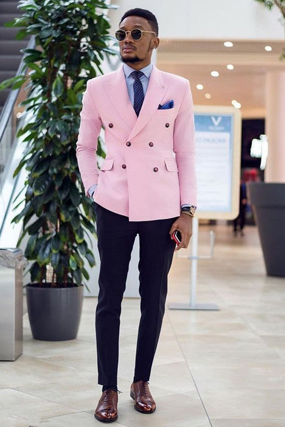 Double Breasted Pink Peaked Lapel Prom Attire For Guys 2022