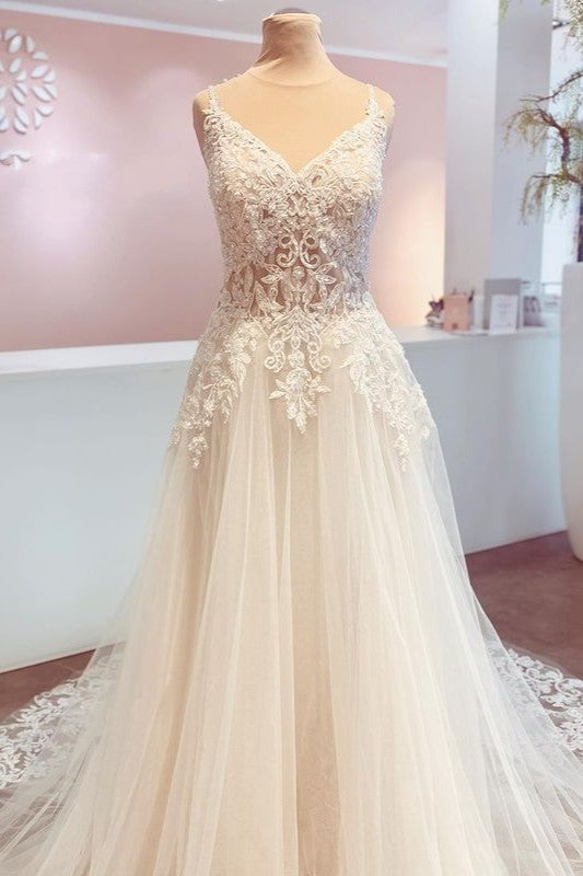 Romantic A-Line Wedding Dress with Appliques Lace and Spaghetti-Straps Backless Train