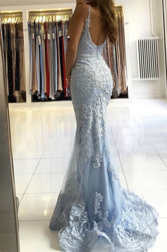 Mermaid Sky Blue Evening Dress with Spaghetti-Straps