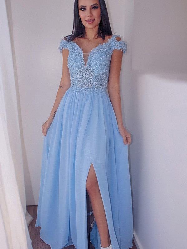 Classy Sky Blue Long Prom Dress with Cap Sleeves and Front Split