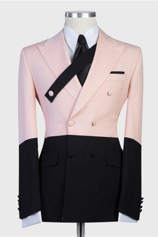 Double Breasted Ring Bearer Suits with Stitching Peaked Lapel Pink and Black