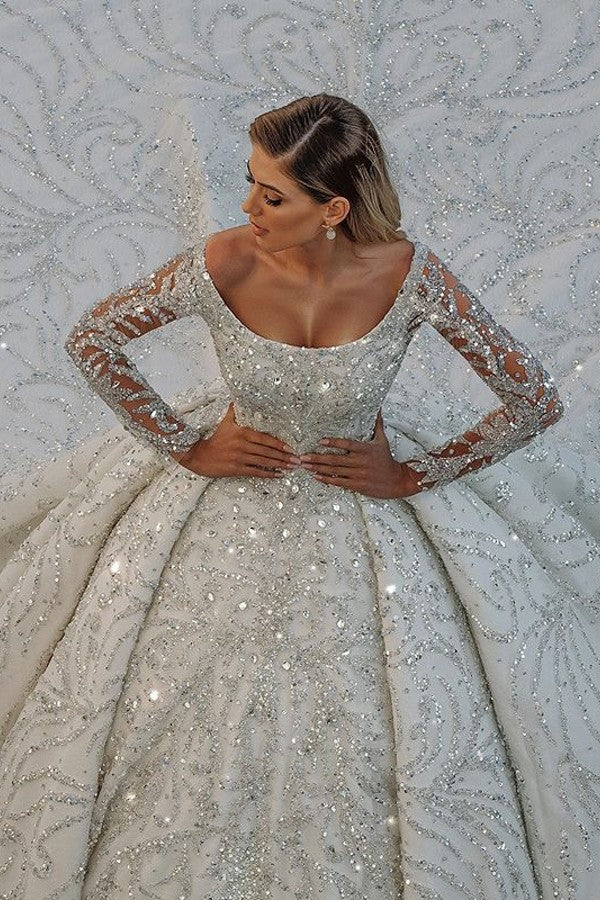 Luxury Long Ball Gown Satin Off-The-Shoulder Backless Wedding Dress with Crystal Sequins