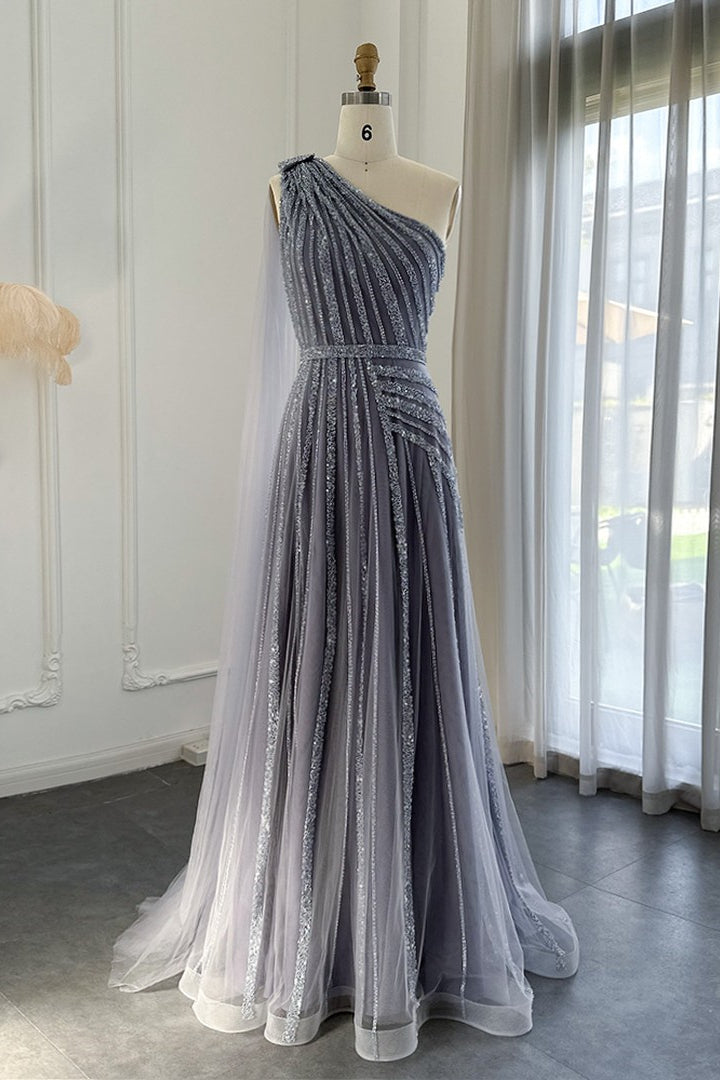 Stunning Gray One Shoulder A Line Prom Dress with Appliques and Ruffles