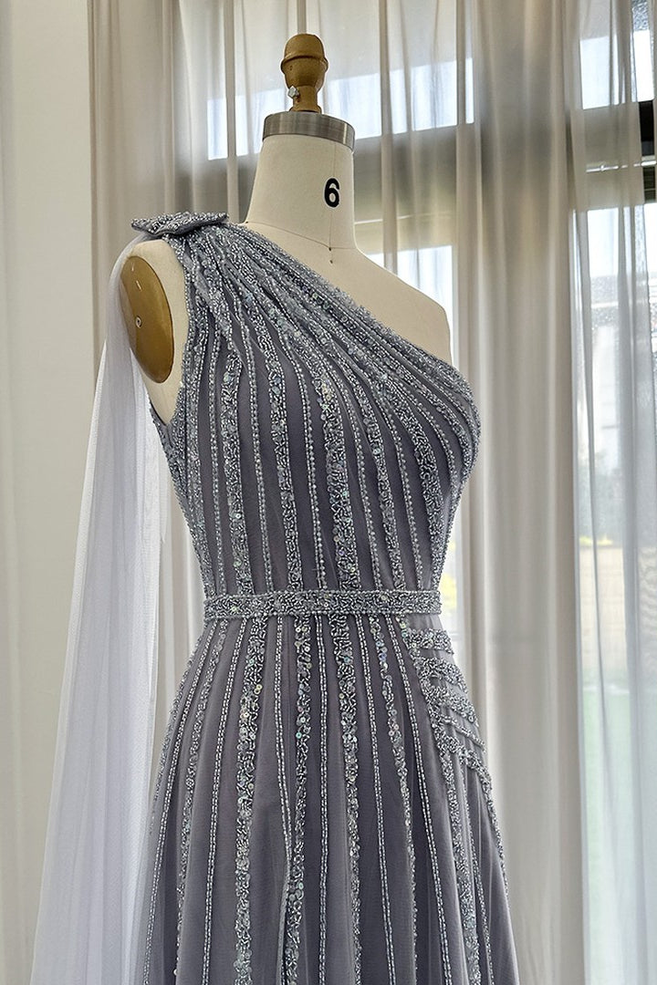 Stunning Gray One Shoulder A Line Prom Dress with Appliques and Ruffles