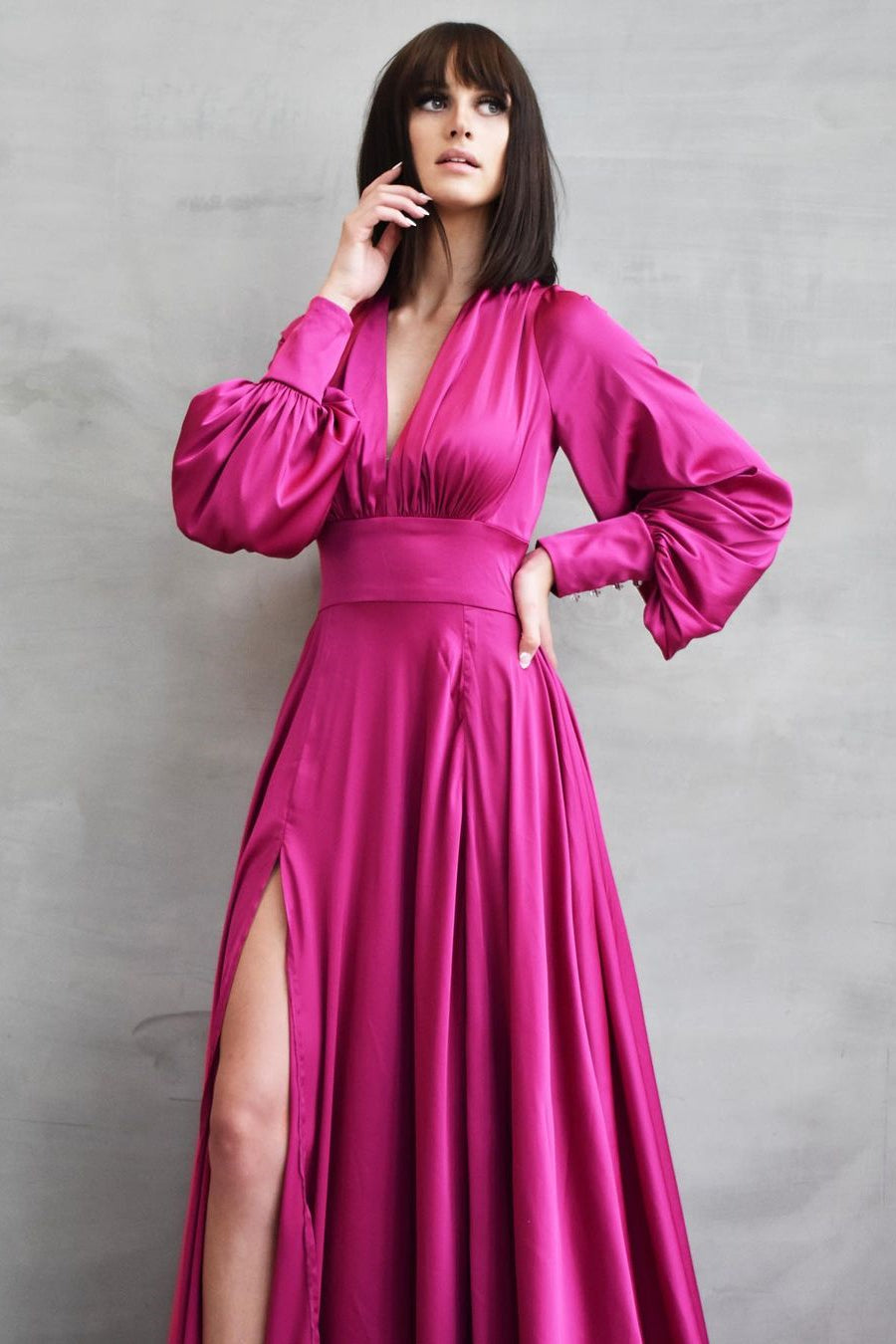 Long Sleeves Slit V-Neck Prom Dress