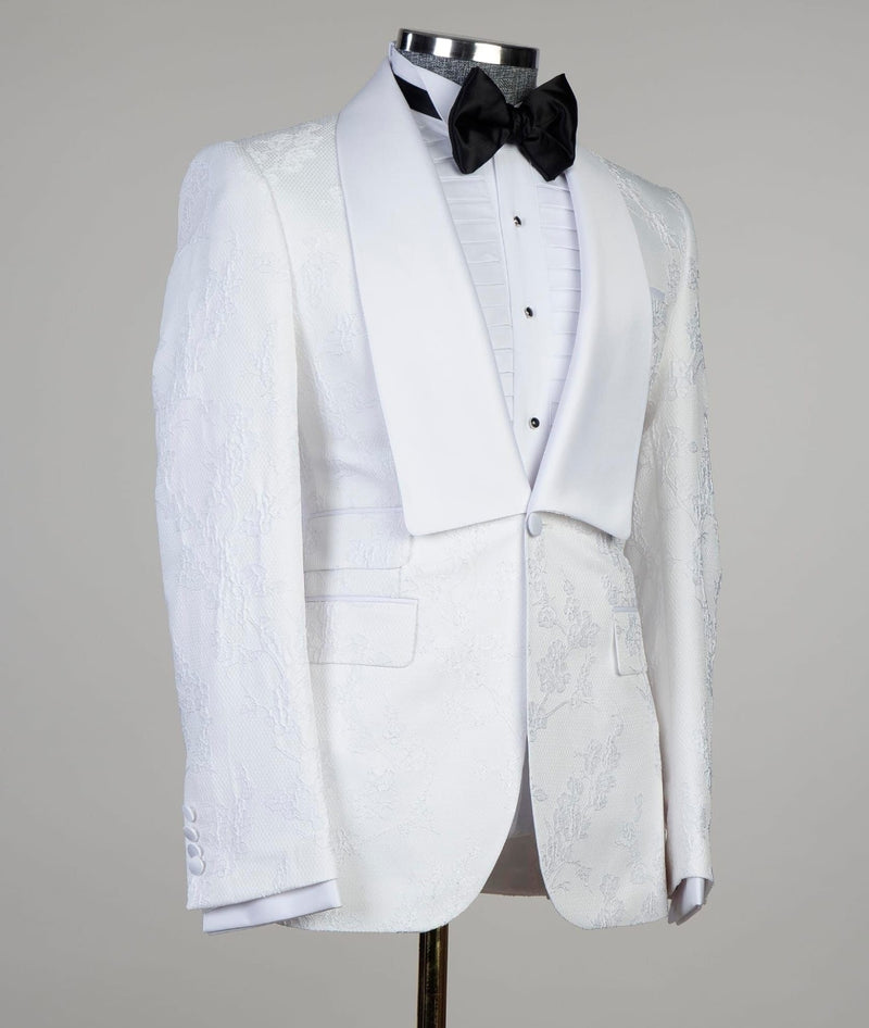 Dennis White Jacquard Shawl Lapel Three Piece Men Suit for Wedding Prom