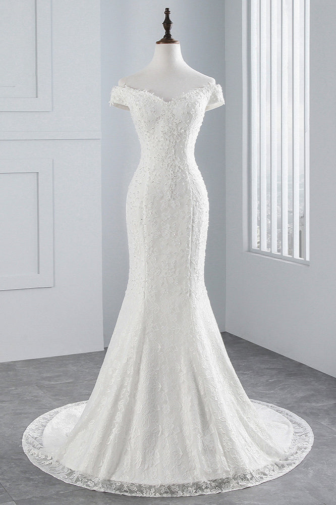 Elegant Off-the-shoulder Long Mermaid Wedding Dress With Lace