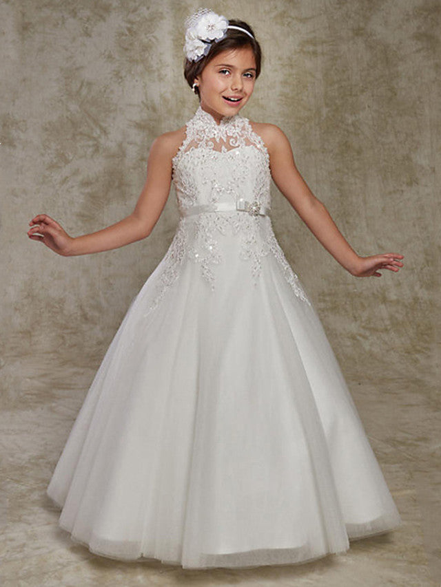 Stunning Ball Gown Sleeveless High Neck Flower Girl Dresses with Lace Beading Appliques