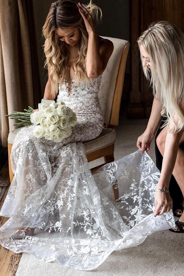 Lace V-Neck Mermaid Wedding Dress with Spaghetti Straps and Jewels