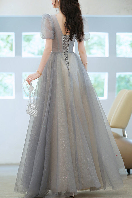 Elegant Grey V-Neck Long Evening Dress With Short Sleeves Sequins