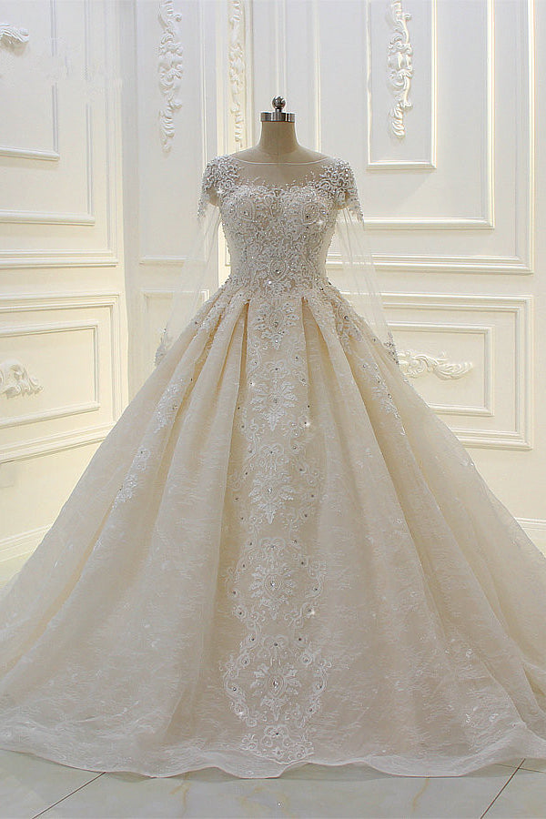 Bateau Long Sleeves Lace Appliques Ball Gown Wedding Dress