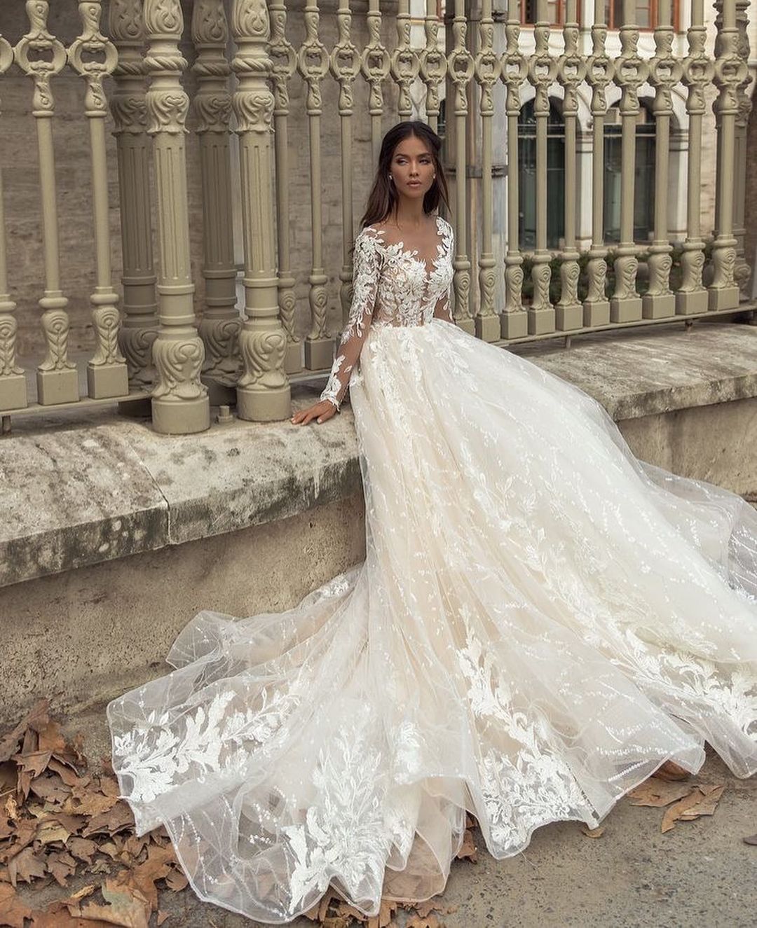 Gorgeous Bateau Long Sleeve Train A-Line Wedding Dress With Appliques Lace