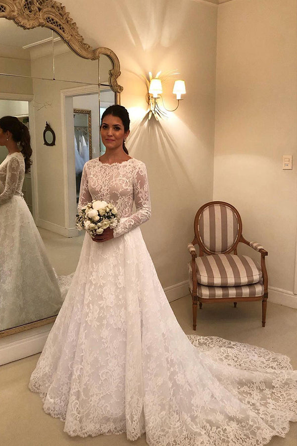 Modest A-line Lace Wedding Dress with Long Sleeves and Appliques