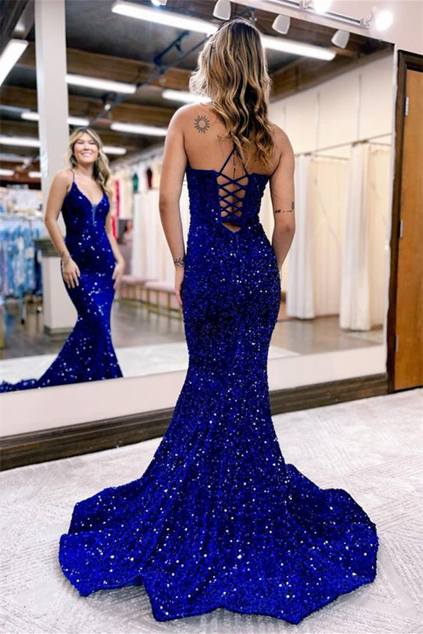 Shiny Sequin Mermaid Evening Dress - Blue Floor Length Prom Dress Online