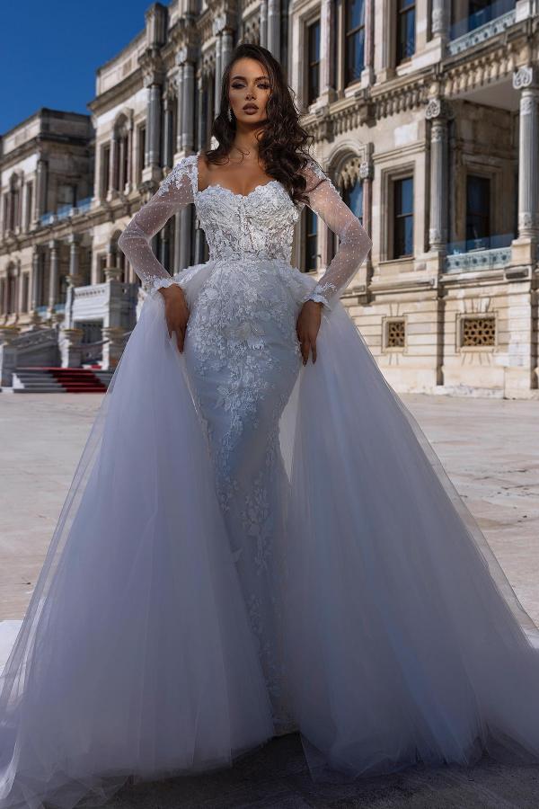 Gorgeous Sweetheart Long Sleeved Lace Mermaid Wedding Dress with Detachable Train