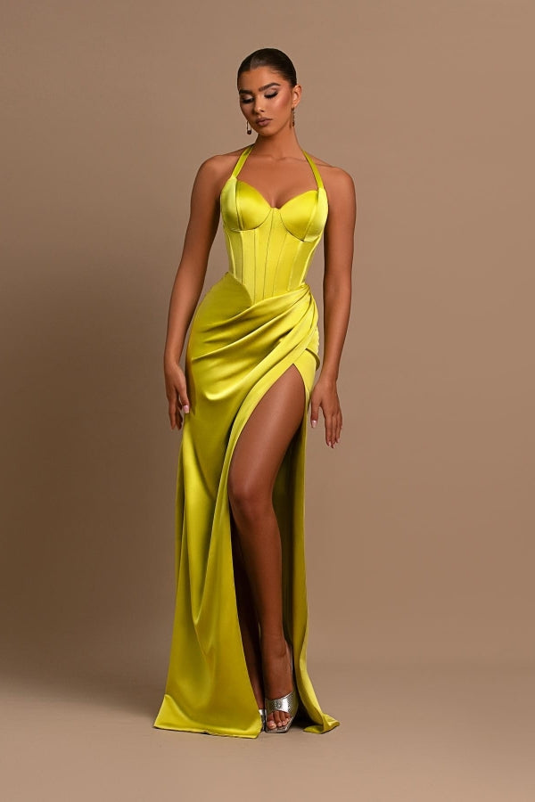 Yellow Halter Neck Mermaid Prom Dress With Split