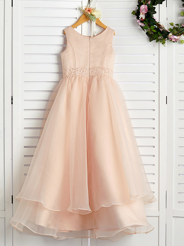 A-Line Jewel Neck Organza Satin Flower Girl Dress With Beading Tier