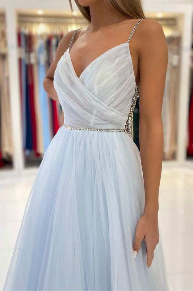 Sky Blue Tulle Prom Dress With Beads and Spaghetti-Straps