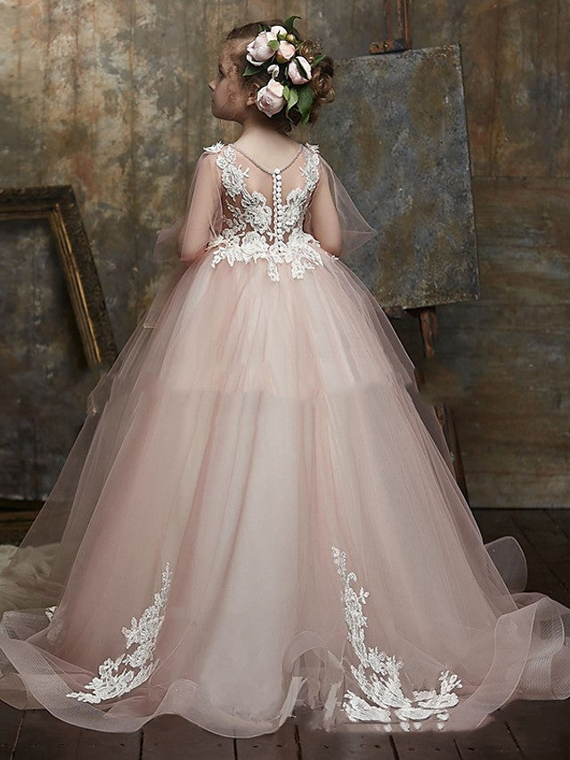 Illusion Neck Lace Organza Ball Gown with Appliques Buttons for Flower Girl Dresses