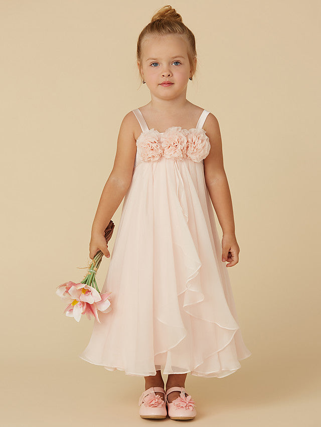 Column Sleeveless Straps Tea Length Flower Girl Dress in Chiffon with Handmade Flower