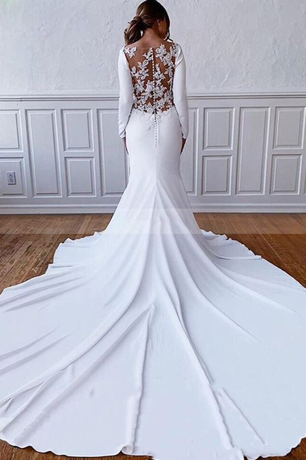 Simple Long Sleeve Illusion Lace Back Sheath Wedding Dress with Appliques