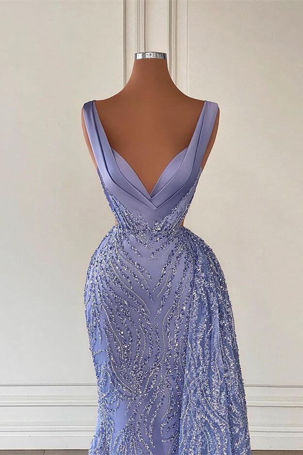 Charming Violet V Neck Mermaid Prom Dress With Beadings & Sequins