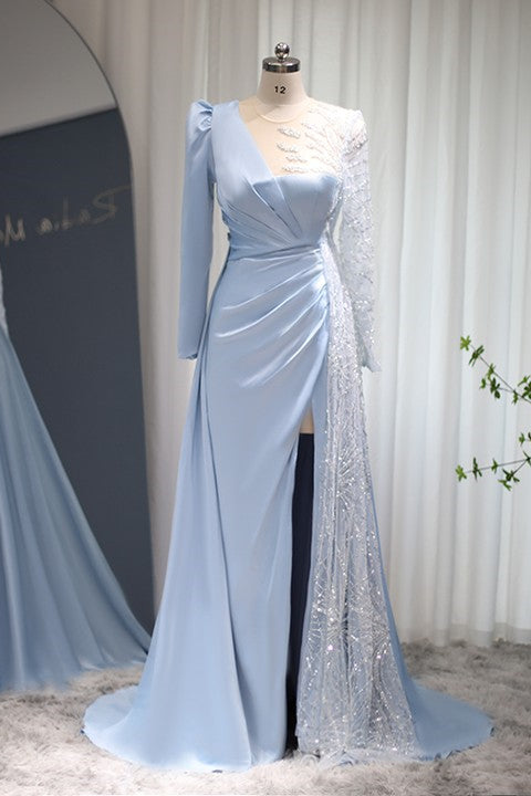 Glamorous Baby Blue A Line Prom Dress with Sparkle Sequins & Ruffles