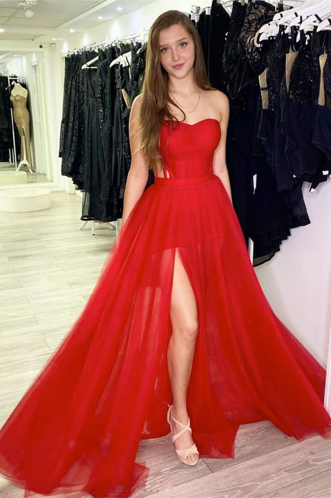 Elegant Sweetheart Red Evening Dresses with Slit