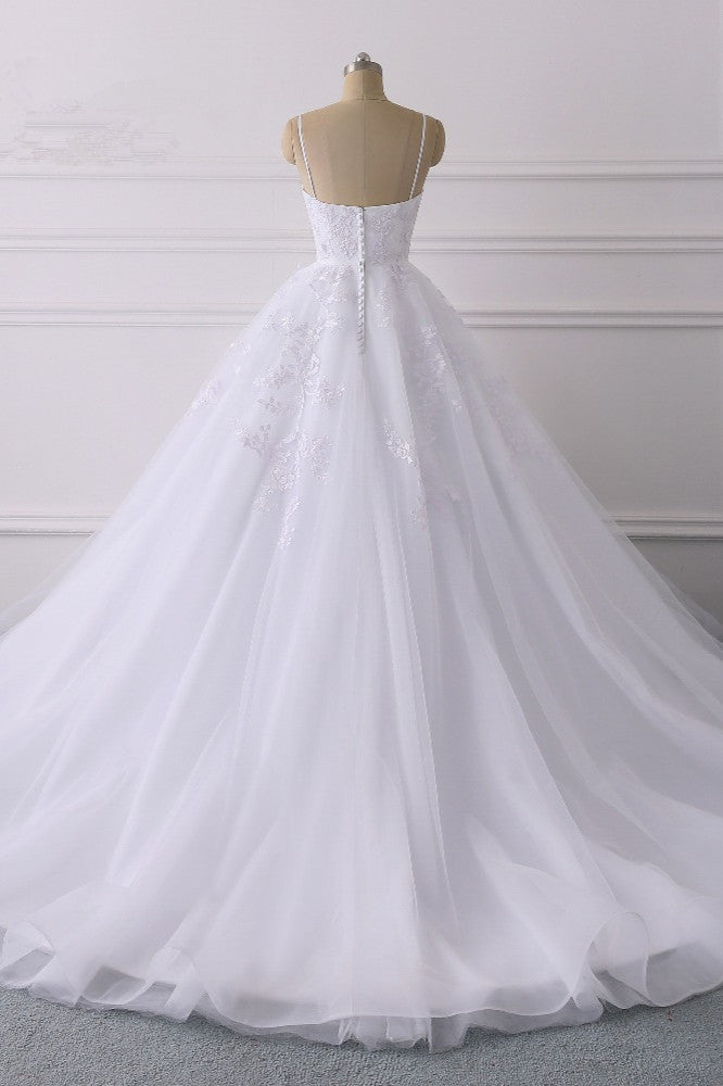 Glamorous Spaghetti-Straps V-Neck Tulle Wedding Dress with Appliques Lace