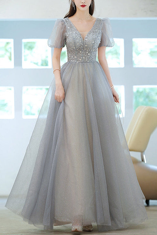 Elegant Grey V-Neck Long Evening Dress With Short Sleeves Sequins