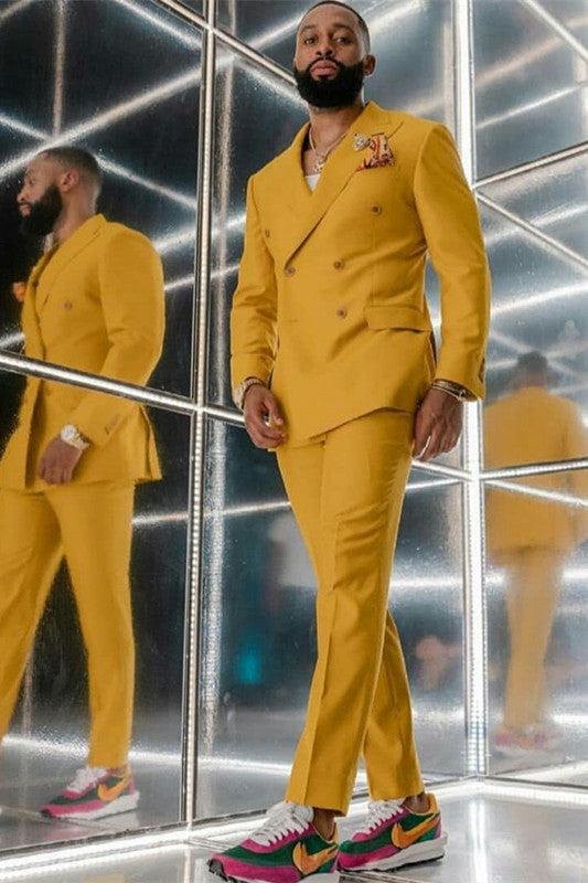 Slim-Fit Yellow Prom Attire for Guys 2022 with Double Breasted