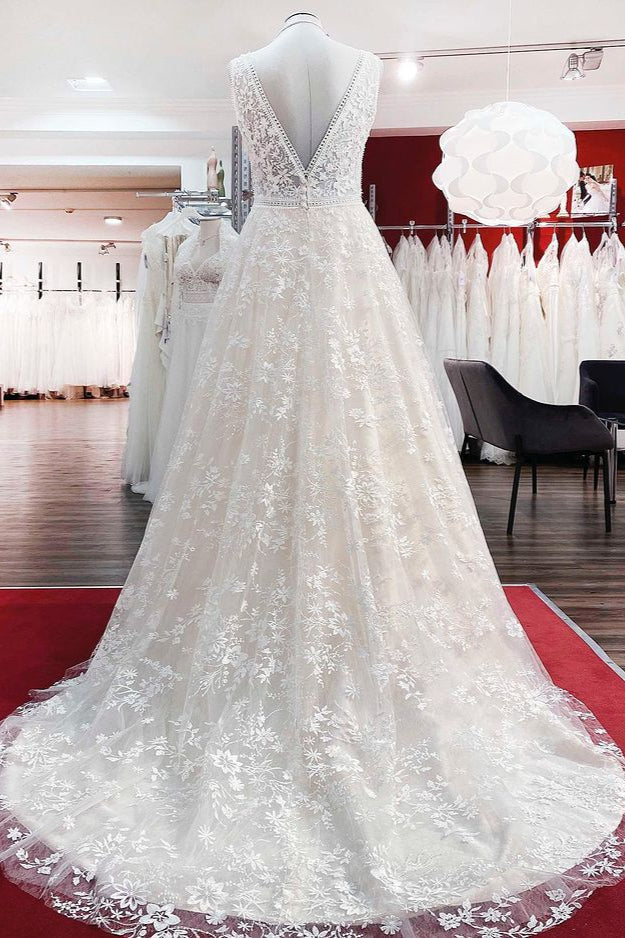 Elegant A-Line Lace Wedding Dress with Long Appliques Tulle Open Back