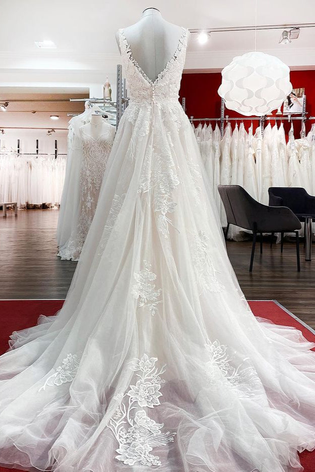 Graceful Long A-line Tulle V-Neck Wedding Dress with Lace Ruffles