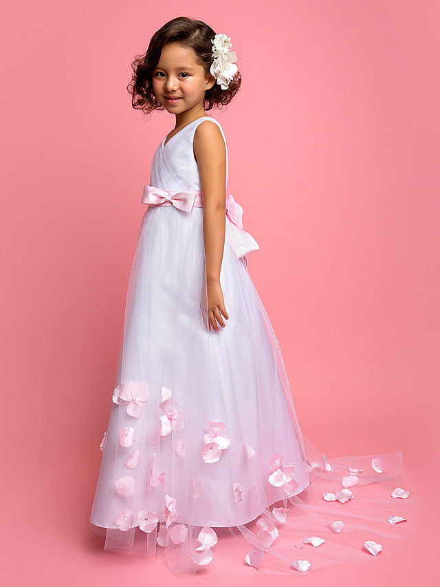 A-Line Satin/Tulle Dress with Bow(s) and Sweep/Brush Train Sleeves